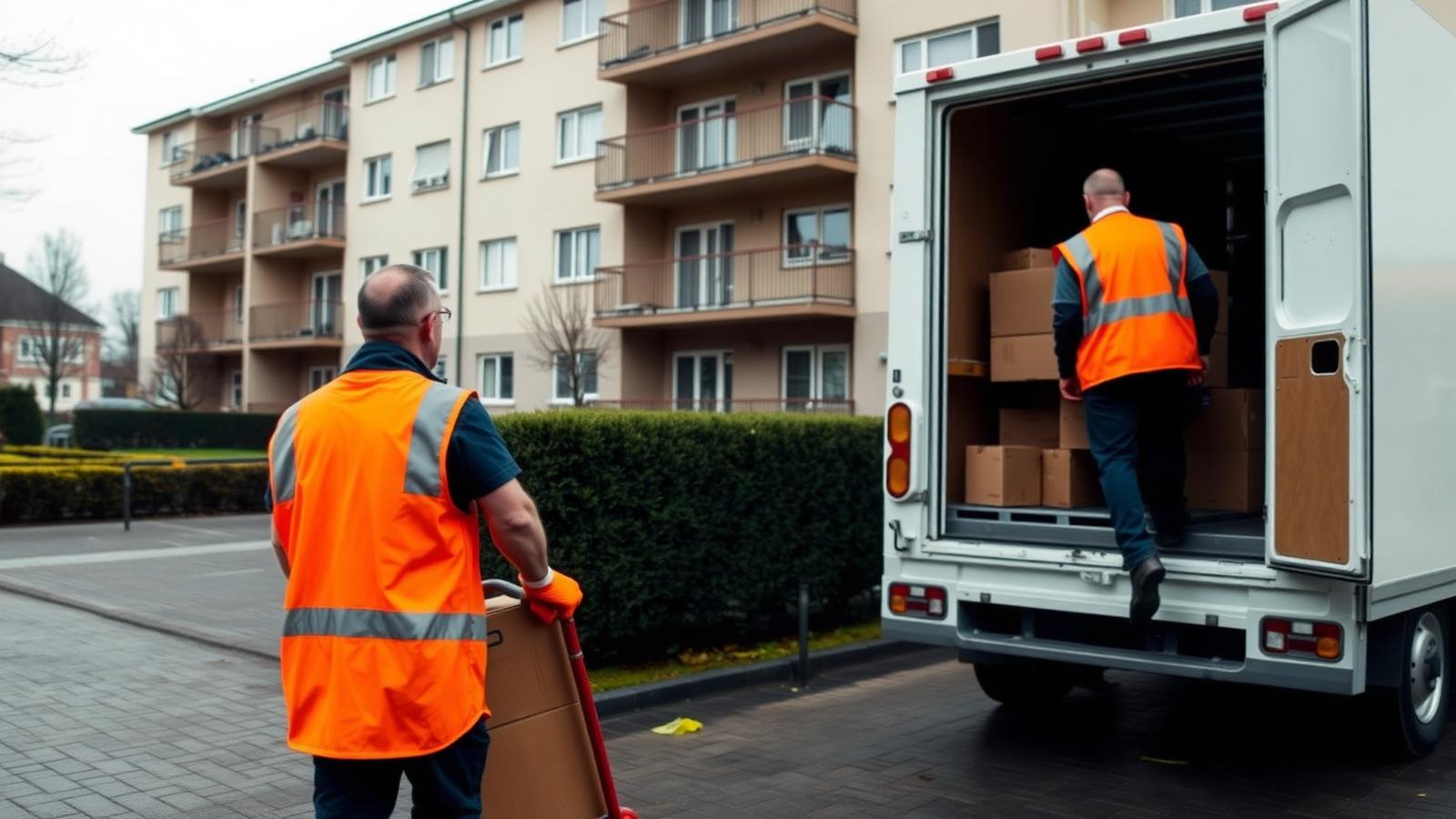 Entrümpelung in Garbsen – Mitarbeiter mit Sackkarre vor einem Mehrfamilienhaus