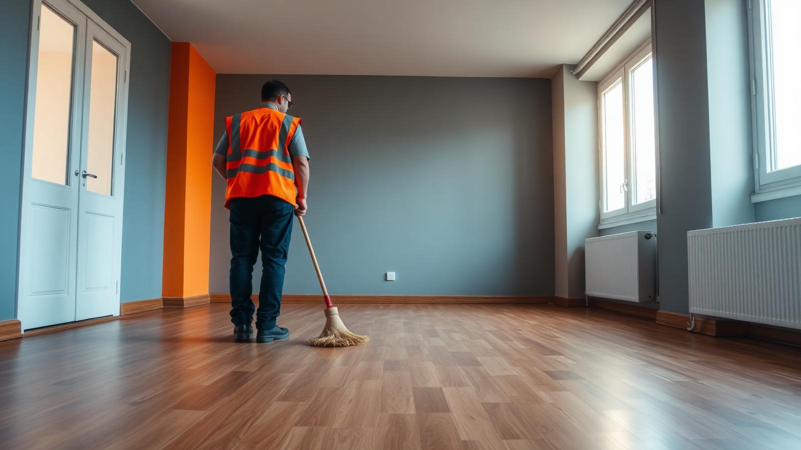Besenreine Wohnungsauflösung – leerer Raum mit Parkettboden, Mitarbeiter kehrt vor der Übergabe