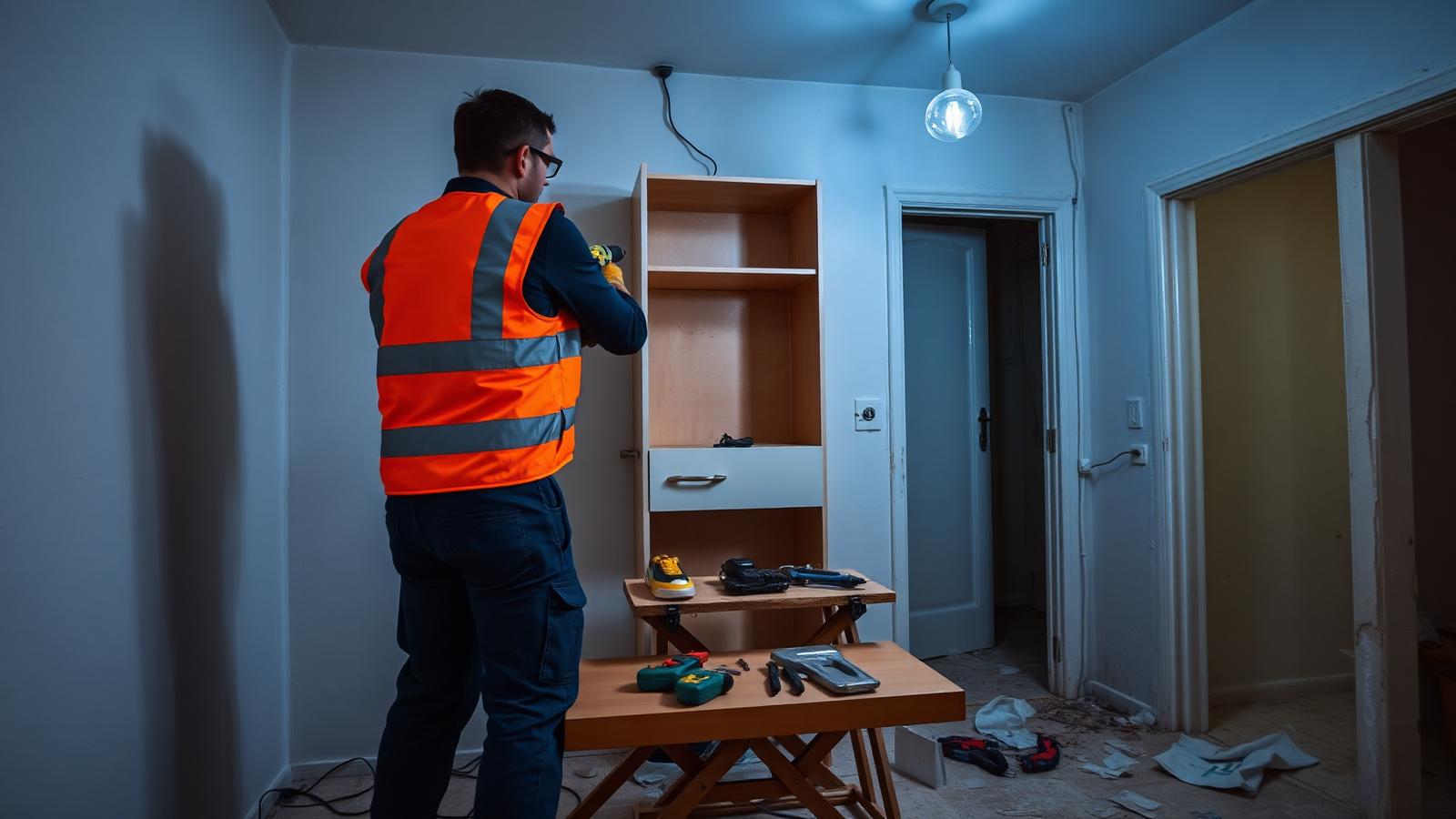 Demontage und Rückbau – Mitarbeiter schraubt eine Einbauküche mit Akkuschrauber ab