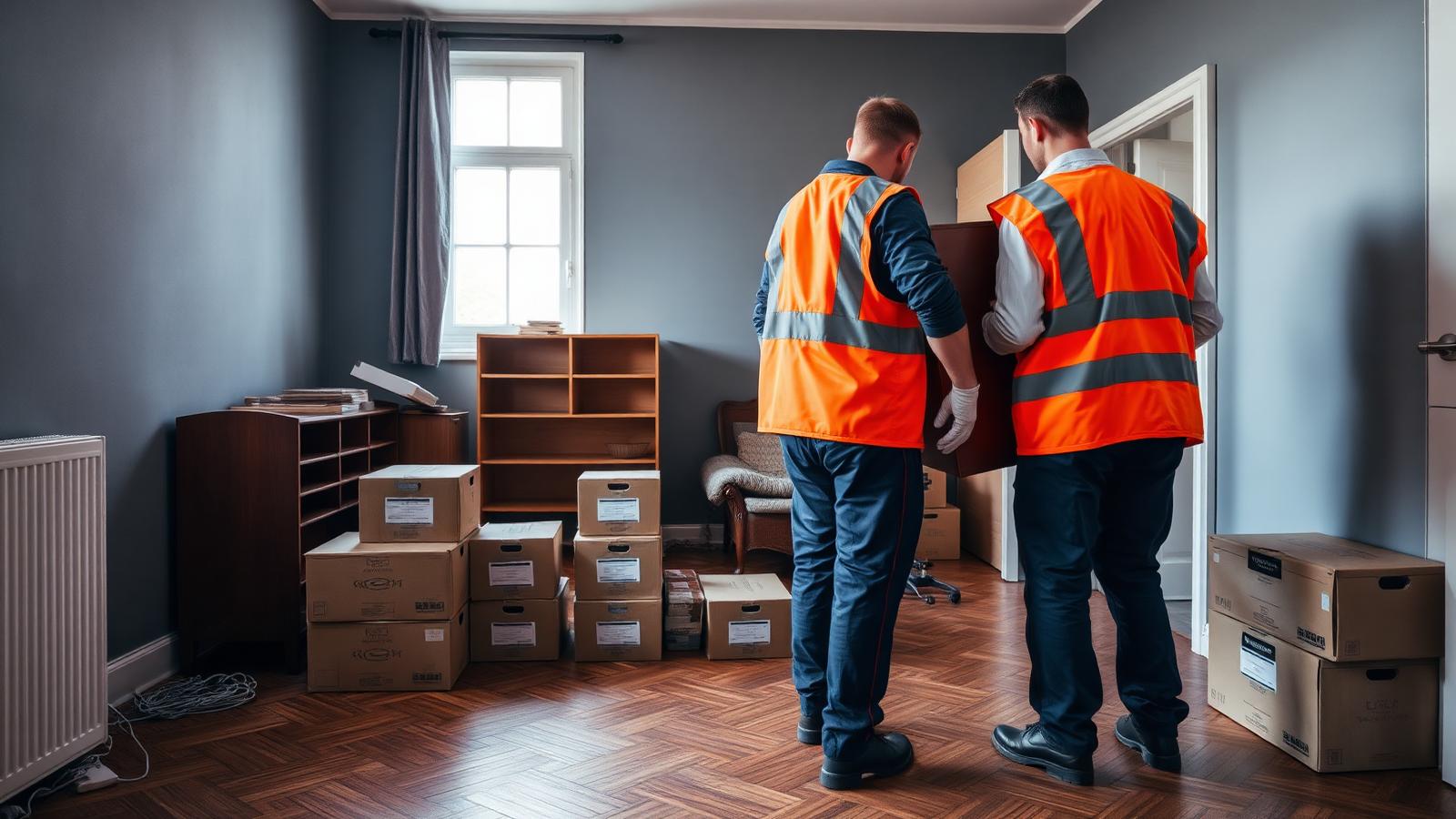 Haushaltsauflösung durch Renneisen: Möbelabbau und sortiert gestapelte Umzugskartons in einer Wohnung