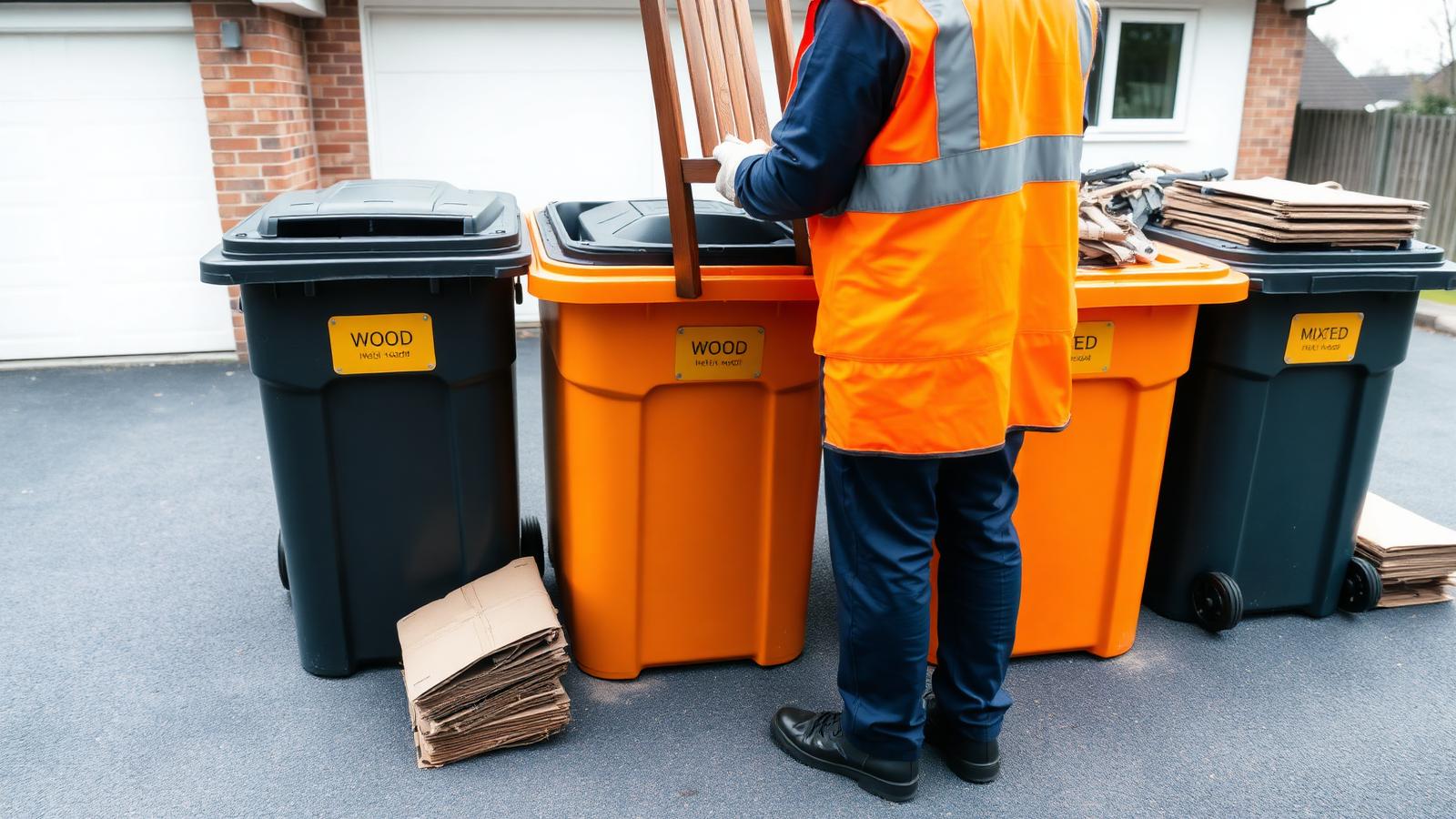 Fachgerechte Entsorgung – getrennte Container für Holz, Metall und Mischabfall auf einer Einfahrt