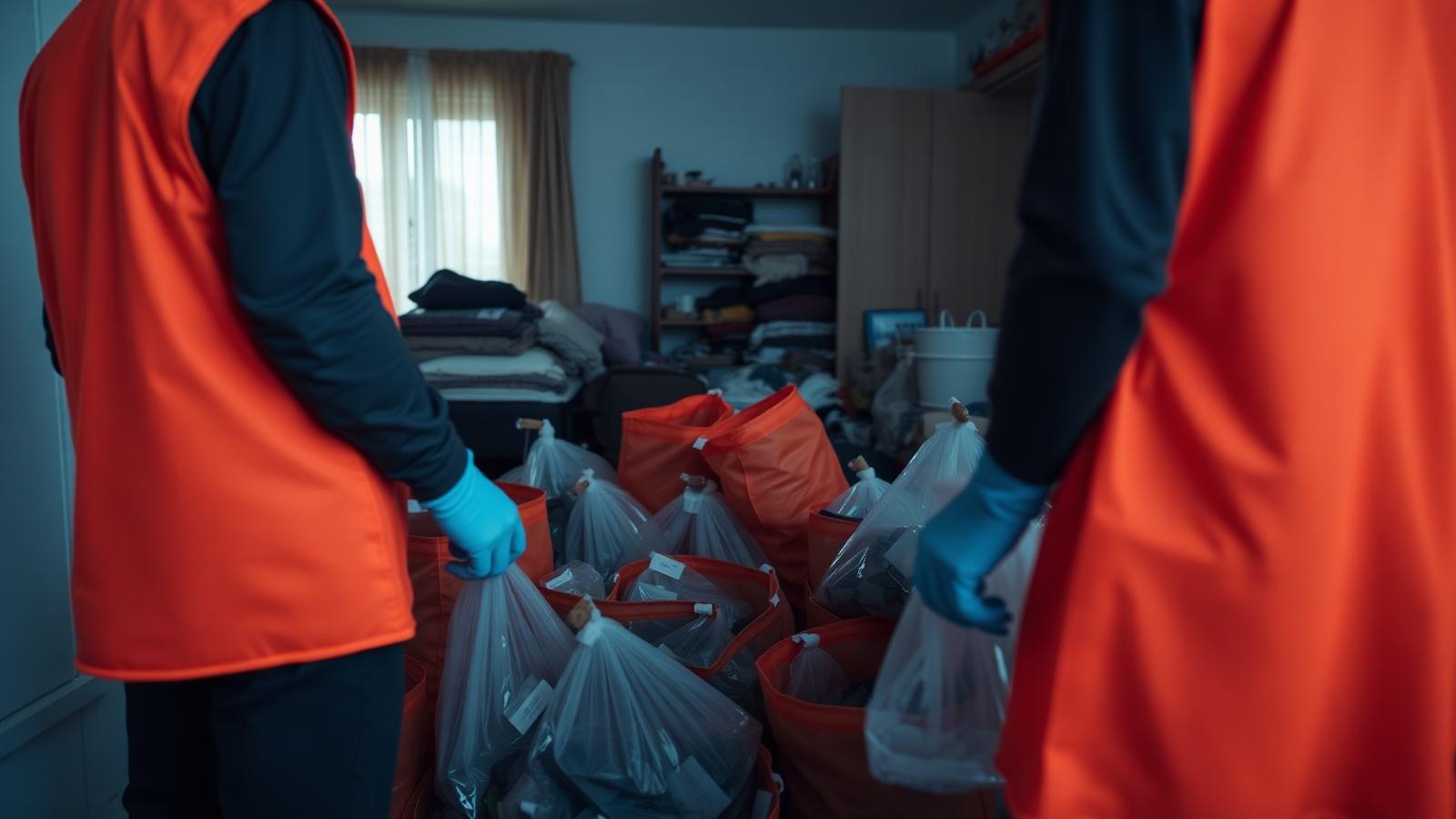 Diskrete Räumung einer Messie-Wohnung – Mitarbeiter sortieren sorgfältig in beschriftete Beutel, keine Personen erkennbar