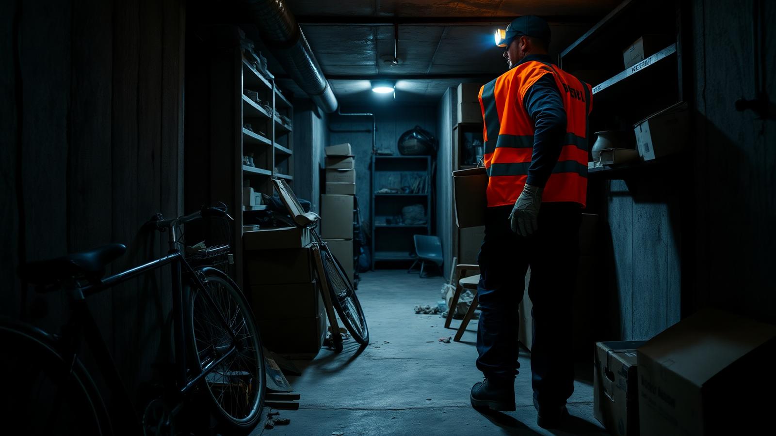 Kellerentrümpelung mit Stirnlampe – Mitarbeiter räumt alte Kartons in einem engen Kellerabteil