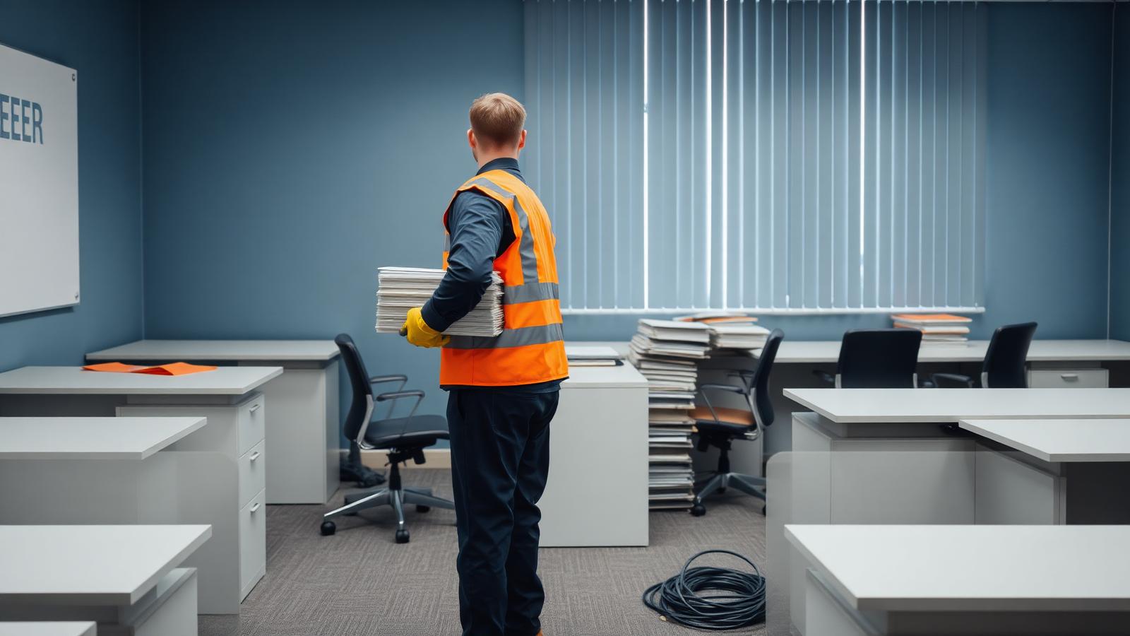 Firmenauflösung – Mitarbeiter räumt leere Aktenordner aus einem Büro